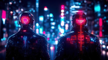 Obraz premium Futuristic Cyborg Duo Overlooking Neon-Lit Cyberpunk Cityscape