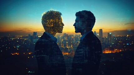 Human and AI Silhouettes: Digital Interaction Against Urban Sunset Backdrop