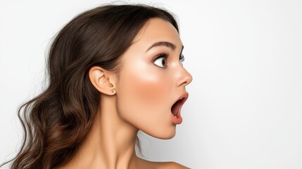 Fototapeta premium A woman with brown hair and a surprised expression on her face. She has her mouth open and her eyes wide