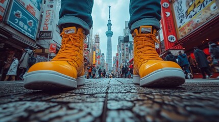 Tokyo Street View: Yellow Boots Framing Skytree Tower and Bustling Cityscape