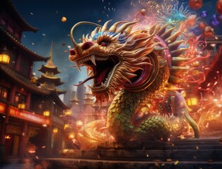 Fototapeta premium Chinese people are celebrating the New Year with firecrackers, dragon and lion dances