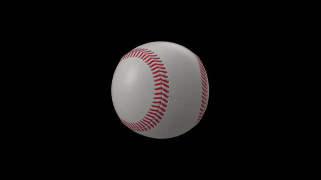 Close-up of a baseball ball spinning against a black background, highlighting its details with clean lighting. A simple and impactful visual that emphasizes the ball&rsquo;s movement and texture