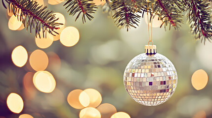 Disco ball on Christmas tree with lights behind it