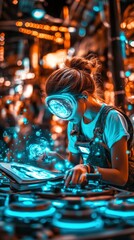 Obraz premium Futuristic AI Learning: Girl with Holographic Interface in Urban Setting