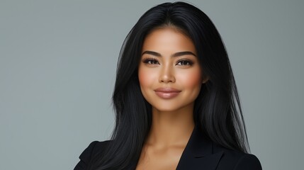 Obraz premium A woman with long black hair and a black blazer. She is smiling and looking at the camera