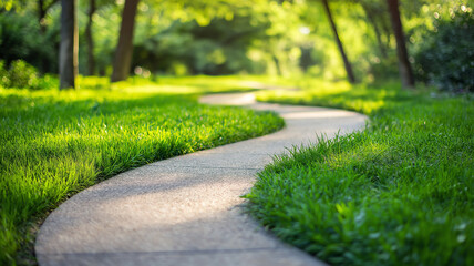 Winding curve pathway track for walking, running and cycling in green park.