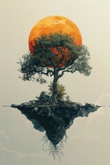 Tree on an Island with a Red Sun