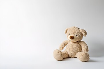Obraz premium Beige teddy bear sitting on white surface