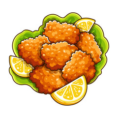 Japanese Karaage Chicken Menu illustration vector. Japanese Fried Chicken icon menu. 
Crispy Fried Chicken Marinated in Green Lettuce and Lemon. 
Traditional Japanese Snack Crispy Fried Chicken Bites.