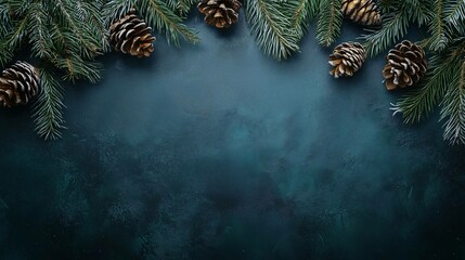 Festive Christmas background with pine branches and snow-dusted pine cones on a dark textured surface