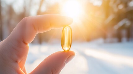 Hand holding a golden vitamin D capsule against sunlight, with a winter background and warm sun rays
