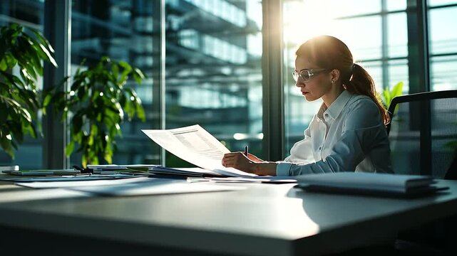 A corporate auditor carefully reviewing sustainability reports in a modern office, ensuring compliance with ESG standards