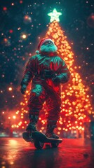 Fototapeta premium Santa Gliding on Hoverboard in Neon-Lit Futuristic Holiday Scene