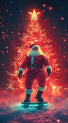 Fototapeta premium Santa Rides Hoverboard in a Futuristic, Glowing Christmas World