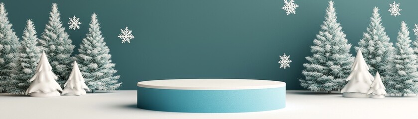 Blue podium with snowy pine trees on a green background.