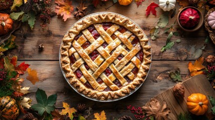 A beautiful homemade pie with a golden brown crust placed on a rustic wood table surrounded by fall-themed decorations