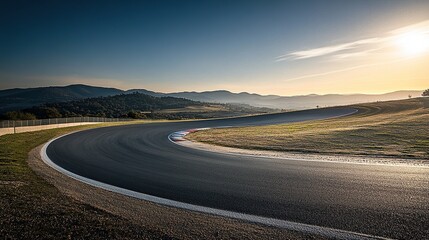 Fototapeta premium A winding racetrack curves through a serene landscape under a clear sky.