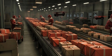 Naklejka premium Futuristic Elf Distribution Center with Drones and Gifts