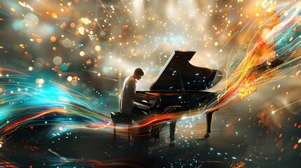 Pianist Performs with Swirling Digital Art and Abstract Lights on Blank Background