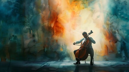 Cellist Captivating Audience with Cello Performance Amidst Serene Watercolor Landscape