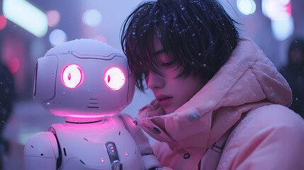 Woman in pink jacket holding a robot with glowing red eyes