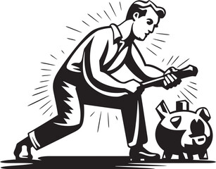Fototapeta premium Man smashing piggy bank with force in detailed vector art