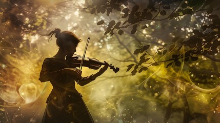 Violinist Performing Amidst Enchanting Forest Scenery with Nature Inspired Art