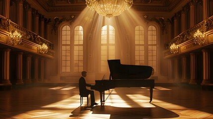 A captivating solo piano performance in an elegant projection enhanced concert hall