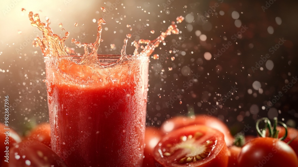 Poster Close-up of tomato juice splashing into a glass, with droplets frozen mid-air, surrounded by whole and sliced tomatoes, symbolizing freshness and vitality.