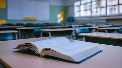 A classroom features clean empty desks with natural light streaming through large windows highlighting an open book on a desk