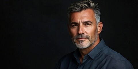Obraz premium A handsome man with salt and pepper hair poses against a dark background. His expression is calm and confident. This portrait captures maturity and strength. 