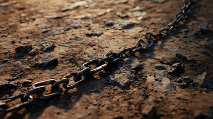 A broken chain lies on the ground, symbolizing freedom and loss in a rugged environment filled with dirt and gravel