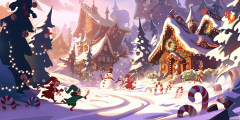 Cheerful Elf Children Playing in a Snowy Christmas Village
