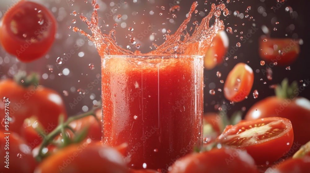 Poster Close-up of tomato juice splashing into a glass, with droplets frozen mid-air, surrounded by whole and sliced tomatoes, symbolizing freshness and vitality.