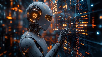 Fototapeta premium Illustration of a virtual robot in a stock trading area controlled by a robot under modern technology system. Technology of the future.