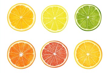 Fototapeta premium Vibrant slices of citrus fruits including orange, lemon, lime, and grapefruit arranged in a colorful presentation.