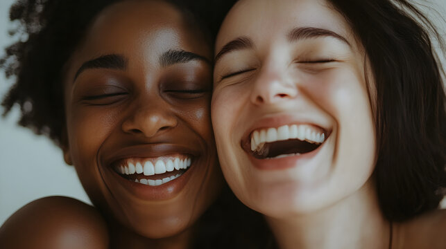 Two women are laughing joyfully together in a close-up portrait, showcasing their natural beauty and happiness with warm smiles and glowing skin