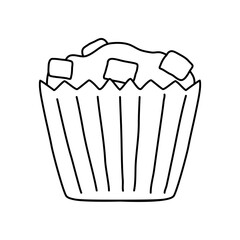 Homemade muffin with chocolate chips, doodle style flat vector outline for coloring book