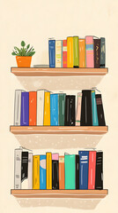 Fototapeta premium A minimalist bookshelf filled with colorful books and a small potted plant creates a vibrant, inviting atmosphere perfect for any reading nook
