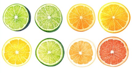 Obraz premium Brightly colored citrus fruit slices arranged in a grid, showcasing vibrant limes, lemons, and grapefruits.
