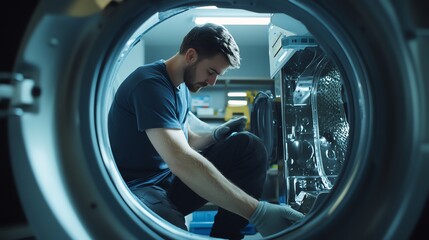 A repairman is working on a washing machine.