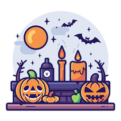 A autumn postcard design for Scary Halloween with Cute characters. Horror story Trick-or-treating. Colorful Vector illustration for flyer and social media post.