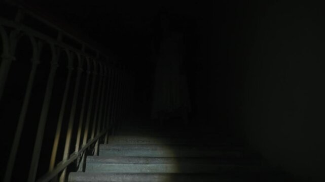 Creepy ghost woman in white dress and scary makeup alone on staircase in dark haunted house, flashlight lights on female on stairs. Halloween horror concept.