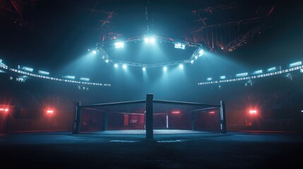 A dim arena with an MMA octagon glowing under bright lights, creating a tense atmosphere of competition.