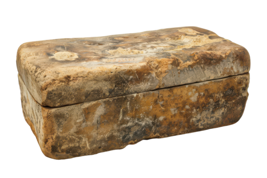 A weathered stone box found in an archaeological dig displaying ancient craftsmanship and historical significance in a remote location.