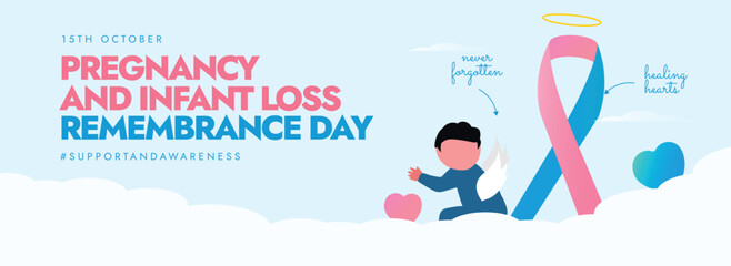 Pregnancy and Infant loss remembrance day. 15th October Pregnancy, infant loss day cover banner with a baby with wings, pink, blue ribbon. The day remembers miscarriage, stillbirth, SIDS, ectopic