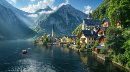 Fototapeta premium A small village is situated on a lake surrounded by mountains