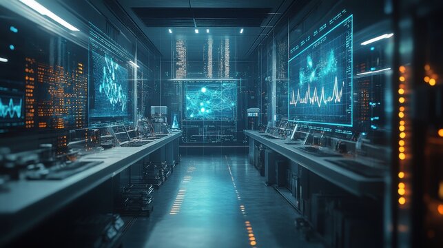 Biotechnology laboratory with synthetic robotic equipment. The scientific experiment room is full of instruments and equipment.