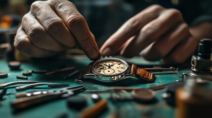 A watchmaker's hands working on a vintage wristwatch.