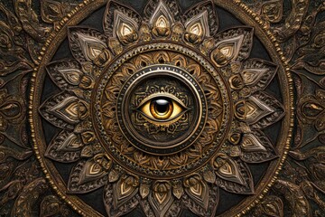 Obraz premium A golden eye symbol in the center of an intricate mandala